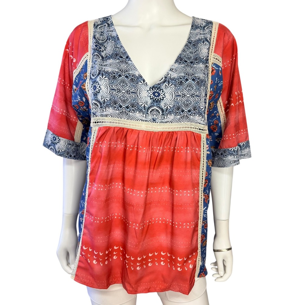 Boho Patchwork Tunic Top XL Festive Boho Hippie Artsy Cottagecore Indie Blouse